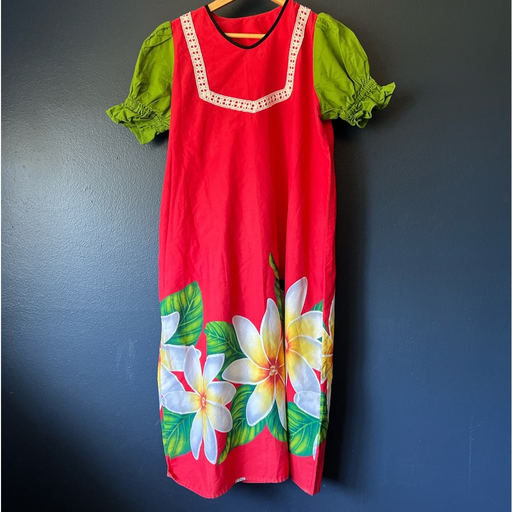 Vintage handmade Hawaiian mumu dress floral hibiscus small